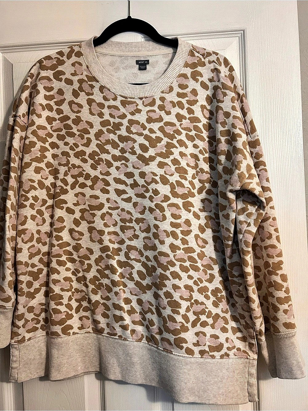 aerie Oversized Leopard Print Crewneck Sweatshirt Pink & Brown Medium